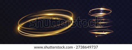Glowing golden light rings and spiral vortex isolated on transparent background, abstract energy circles with dynamic motion trails and sparkling particles.