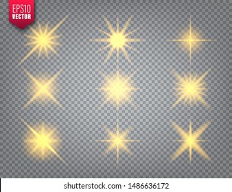 Glowing golden light set on transparent background. Lens flare effect. Bright sparkling flash, sunlight. Vector illustration.