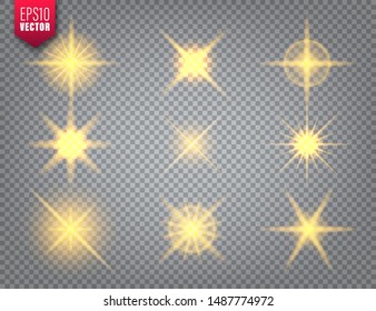 Glowing golden light set on transparent background. Lens flare effect. Bright sparkling flash, sunlight. Vector illustration.