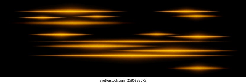 Glowing golden light streaks on a black background. Horizontal neon beams create a high-speed motion effect, symbolizing futuristic energy and digital acceleration. Sci-fi, cyber, abstract design