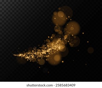 A glowing golden light trail with scattered sparkles and bokeh orbs, floating elegantly against a deep black background, creating a magical and luxurious atmosphere.