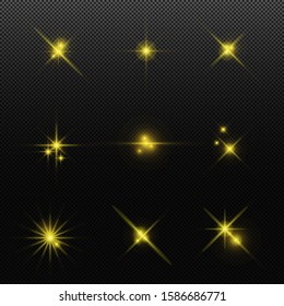 Glowing golden lights effect, flare, explosion and stars. Special effect isolated on transparent background