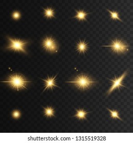 Glowing golden lights and stars. Isolated on  transparent background. Vector illustration, eps 10