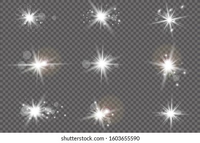 Glowing golden lights and stars. Isolated on transparent background. Vector illustration, eps 10