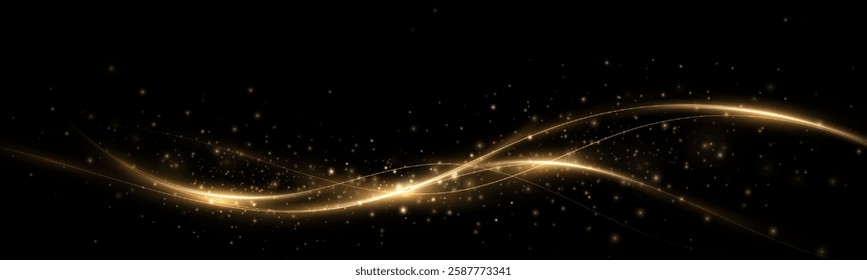 Glowing golden magic light effect. Vector graphics of neon lines motion. Abstract light lines of movement and speed.