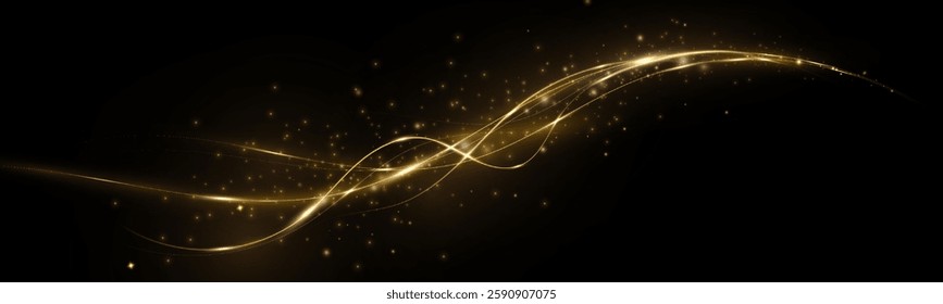 Glowing golden magic light effect. Vector graphics of neon lines motion. Abstract light lines of movement and speed.