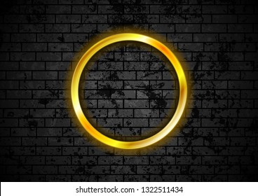 Glowing Golden Neon Circle Frame On Black Grunge Brick Wall. Vector Design