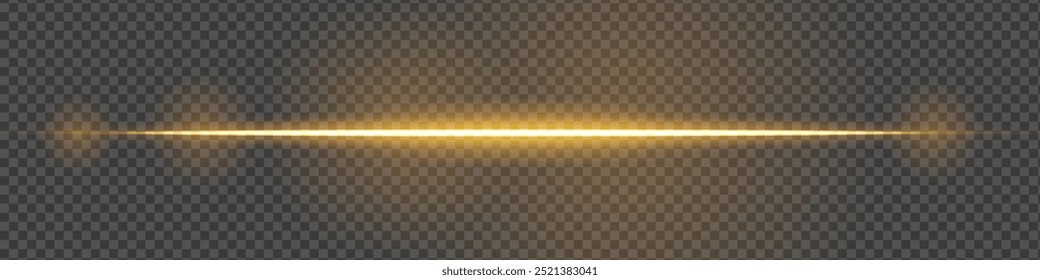 Glowing golden orange laser beam horizontally across a dark transparent background, creating a futuristic and high-tech visual effect. Neon flare, laser lines of light. On a transparent background.