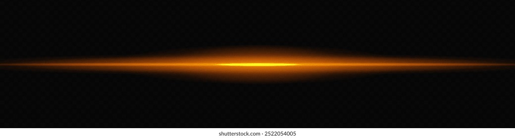 Lâmpada de laser laranja dourada brilhante horizontalmente em um fundo transparente escuro, criando um efeito visual futurista e de alta tecnologia. Neon flare, linhas de luz laser. Em um fundo transparente.