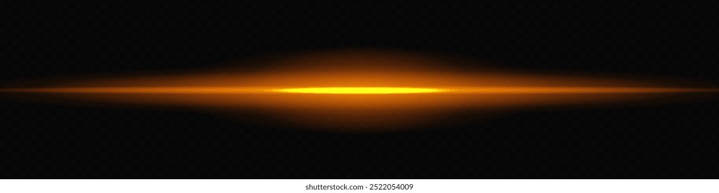 Rayos láser de color naranja dorado brillante horizontalmente sobre un fondo transparente oscuro, creando un efecto visual futurista y de alta tecnología. Llamarada de neón, líneas de luz láser. Sobre un fondo transparente.