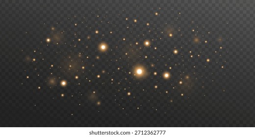 Glowing golden particles with blur effect on transparent dark background. Atmosphere element for overlaying on images, fantasy scenes or weather visual effect. Vector illustration.