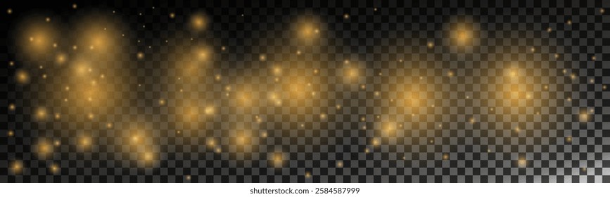 Glowing Golden Particles on Transparent Background for Festive Designs and Overlays. A captivating scene of glowing golden particles against a transparent background, perfect for overlays, festive 