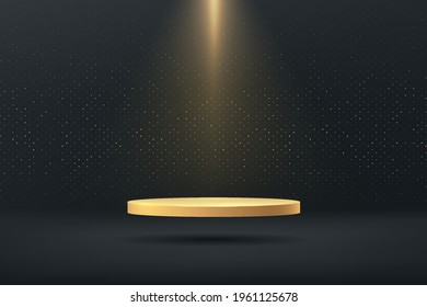 Glowing golden pedestal floating on air with spotlight. Shiny golden glitter minimal wall scene. Luxury and elegant. Abstract black room. Vector rendering 3d shape for Product display presentation.