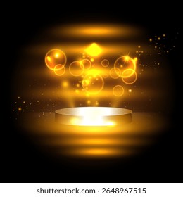 Glowing golden podium with light effects, bokeh and sparkling highlights on dark background. Perfect for design, awards and presentations.