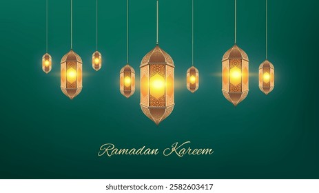 Glowing golden Ramadan lantern vector on green background with Ramadan Kareem text, elegant Islamic decoration. Festive Eid Mubarak greeting card, luxury spiritual design, traditional Ramadan lights