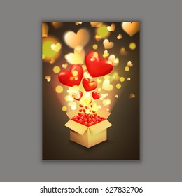 Glowing Golden and Red Hearts coming out from a cardboard box, Elegant Flyer, Template, Banner design for Love concept.