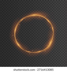 Anillo dorado brillante con partículas de luz y destellos sobre fondo transparente, efecto de círculo mágico, nebulosa cósmica y luz abstracta