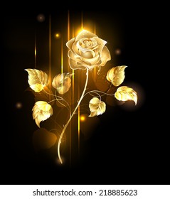 Glowing Golden Rose On Black Background.