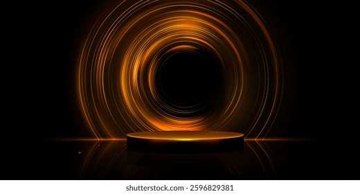 Glowing golden round podium on black background - luxury stage for product presentation, award ceremony. Shining neon circles, bright lights with reflections. Elegant 3d realistic pedestal platform.