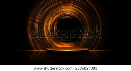 Glowing golden round podium on black background - luxury stage for product presentation, award ceremony. Shining neon circles, bright lights with reflections. Elegant 3d realistic pedestal platform.