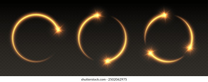 Glowing golden shooting star circles with sparkles, light frames, stars in circular motion, abstract shiny rings with particles. Vector illustration.