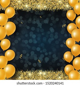 Glowing golden sparkles and balloons and golden ribbons on Dark Background.  Social Media Banner Design Template good for cover, poster, wallpaper, party, birthday, anniversary, Christmas, New Year