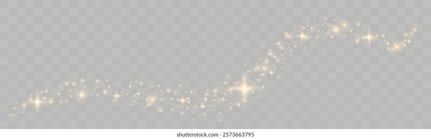Glowing golden sparkles with light effects on a transparent background, perfect for festive or magical design projects.