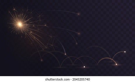 Glowing golden sparks from welding or sawing metal on transparent background