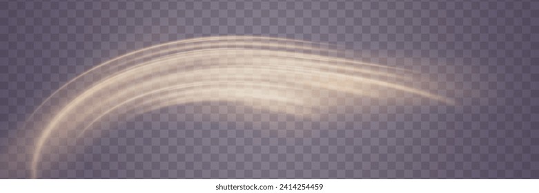 Glowing golden speed lines. Light shining effect. Movements of the light trail. On a transparent background.	