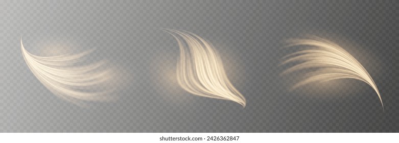 Glowing golden speed lines. Light shining effect. Movements of the light trail. On a transparent background.