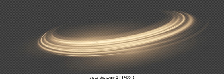 Glowing golden speed lines. Light shining effect. Movements of the light trail. On a transparent background.