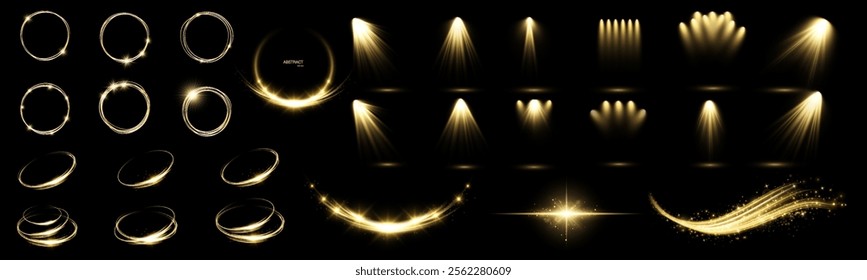 Glowing golden spiral. The effect of high-speed abstract lines. Rotating shiny rings. Glowing circular lines. Glowing ring trail. Spotlight.