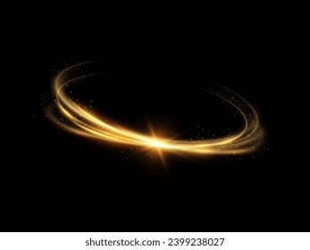 Glowing golden spiral. Speed ​​abstract lines effect. Rotating shiny rings. Glowing circular lines. Glowing ring trail. Vector.