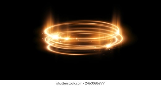 Glowing golden spiral. Speed ​​abstract lines effect. Rotating shiny rings. Glowing circular lines. Glowing ring trail. Vector.	