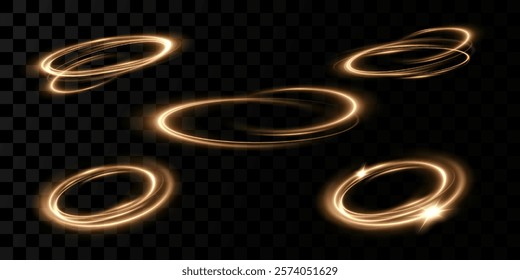 Glowing golden spiral. Speed ​​abstract lines effect. Rotating shiny rings. Glowing circular lines. Glowing ring trail. Vector.	