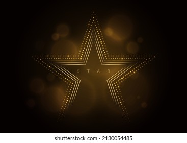 Glowing golden star, award template on black background.