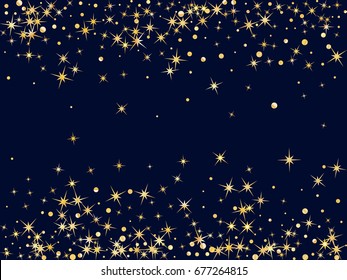 Glowing golden star and circle sparkles border or frame for text on dark blue background. Vector decorative astral pattern design for horizontal card or banner. Glitter frame.