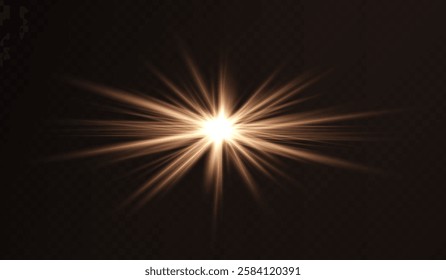 Glowing golden starburst light effect on a dark background. Radiating beams create a luminous flare, symbolizing energy, illumination, and futuristic design. Sci-fi, digital effects, abstract