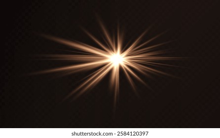 Glowing golden starburst light effect on a dark background. Radiating beams create a luminous flare, symbolizing energy, illumination, and futuristic design. Sci-fi, digital effects, abstract