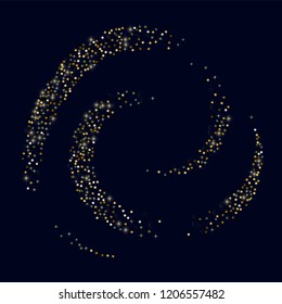 Glowing golden stars with twinkling elements on a blue background. Stars in the night sky. Gold glitter. Festive Christmas background.