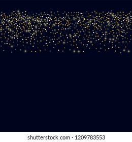 Glowing golden stars with twinkling elements on a blue background. Stars in the night sky. Gold glitter. Festive Christmas background.