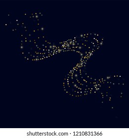 Glowing golden stars with twinkling elements on a blue background. Stars in the night sky. Gold glitter. Festive Christmas background.