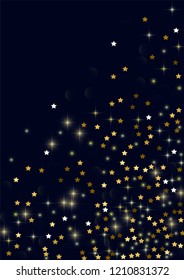 Glowing golden stars with twinkling elements on a blue background. Stars in the night sky. Gold glitter. Festive Christmas background.