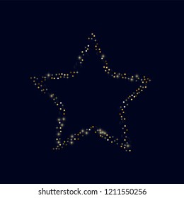 Glowing golden stars with twinkling elements on a blue background. Stars in the night sky. Gold glitter. Festive Christmas background.