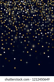 Glowing golden stars with twinkling elements on a blue background. Stars in the night sky. Gold glitter. Festive Christmas background.