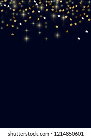 Glowing golden stars with twinkling elements on a blue background. Stars in the night sky. Gold glitter. Festive Christmas background.