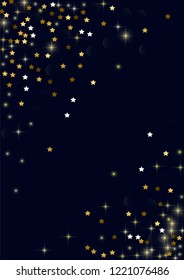 Glowing golden stars with twinkling elements on a blue background. Stars in the night sky. Gold glitter. Festive Christmas background.
