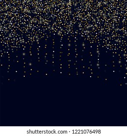 Glowing golden stars with twinkling elements on a blue background. Stars in the night sky. Gold glitter. Festive Christmas background.