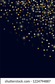 Glowing golden stars with twinkling elements on a blue background. Stars in the night sky. Gold glitter. Festive Christmas background.
