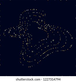 Glowing golden stars with twinkling elements on a blue background. Stars in the night sky. Gold glitter. Festive Christmas background.
